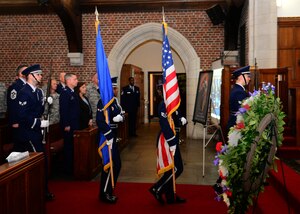 U.S. Air Force Langley Honor Guard posts the colors at a memorial service for Tech. Sgt. Jesse Schierloh at Langley Air Force Base, Va., Oct. 29, 2015. Schierloh was a member of the 27th Intelligence Squadron and died Oct. 14, 2015. (U.S. Air Force photo by Airman 1st Class Derek Seifert/ Released)