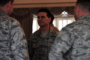 U.S. Air Force Brig. Gen. Sean Murphy, Air Combat Command surgeon general, speaks with company grade officers during a ‘Stars and Bars’ event at Langley Air Force Base, Va., Oct. 29, 2015. Approximately 66 CGOs came to the event to receive mentorship from 10 general officers. (U.S. Air Force photo by Senior Airman Breonna Veal/ Released) 