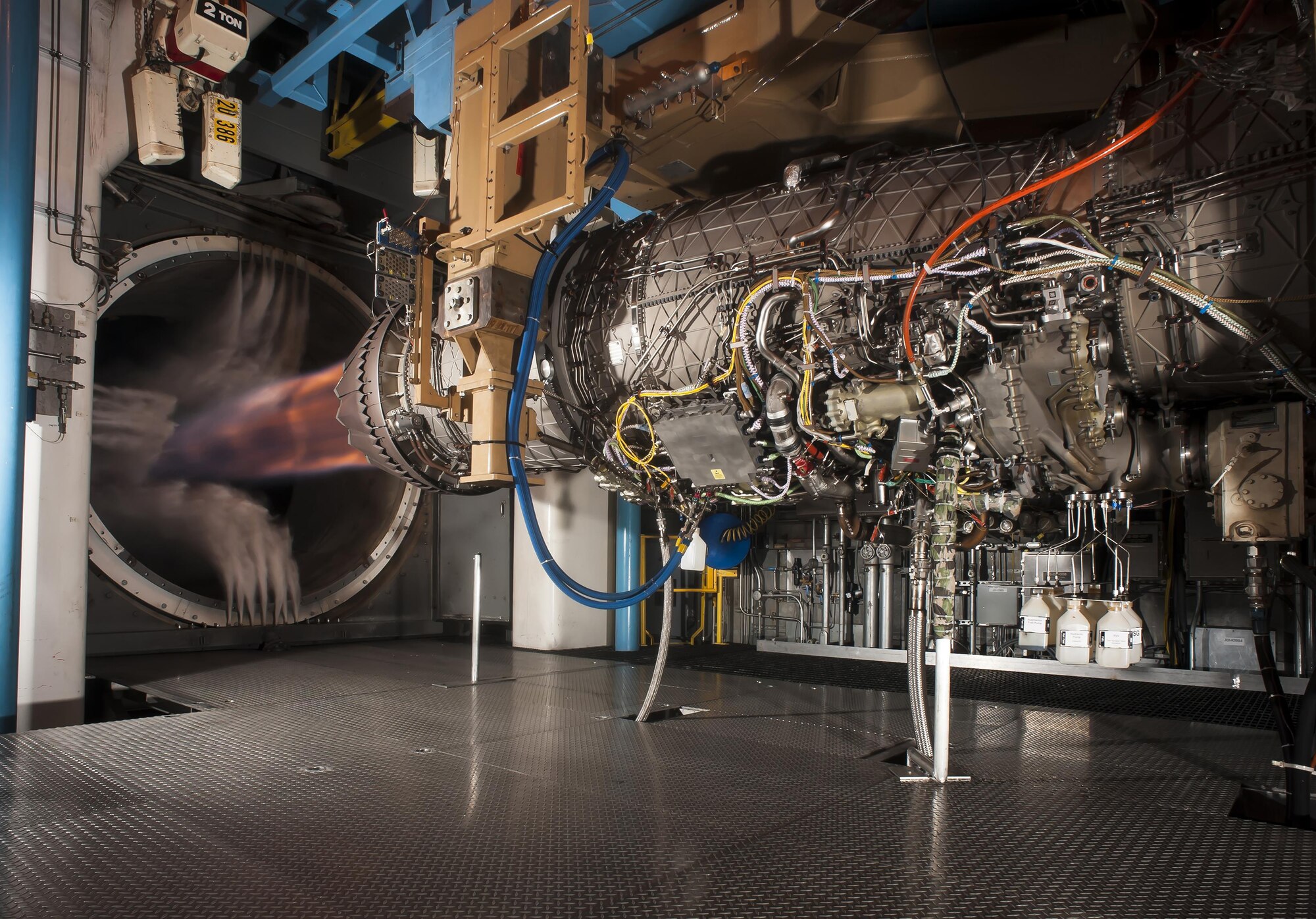 Pratt & Whitney’s F135 engine, used in the F-35 Lightning II, successfully demonstrated hot-life capability during Accelerated Mission Testing at AEDC. Pictured here is the engine during testing in the Engine Test Facility Sea Level 2 Test Cell. (Photo by Rick Goodfriend)