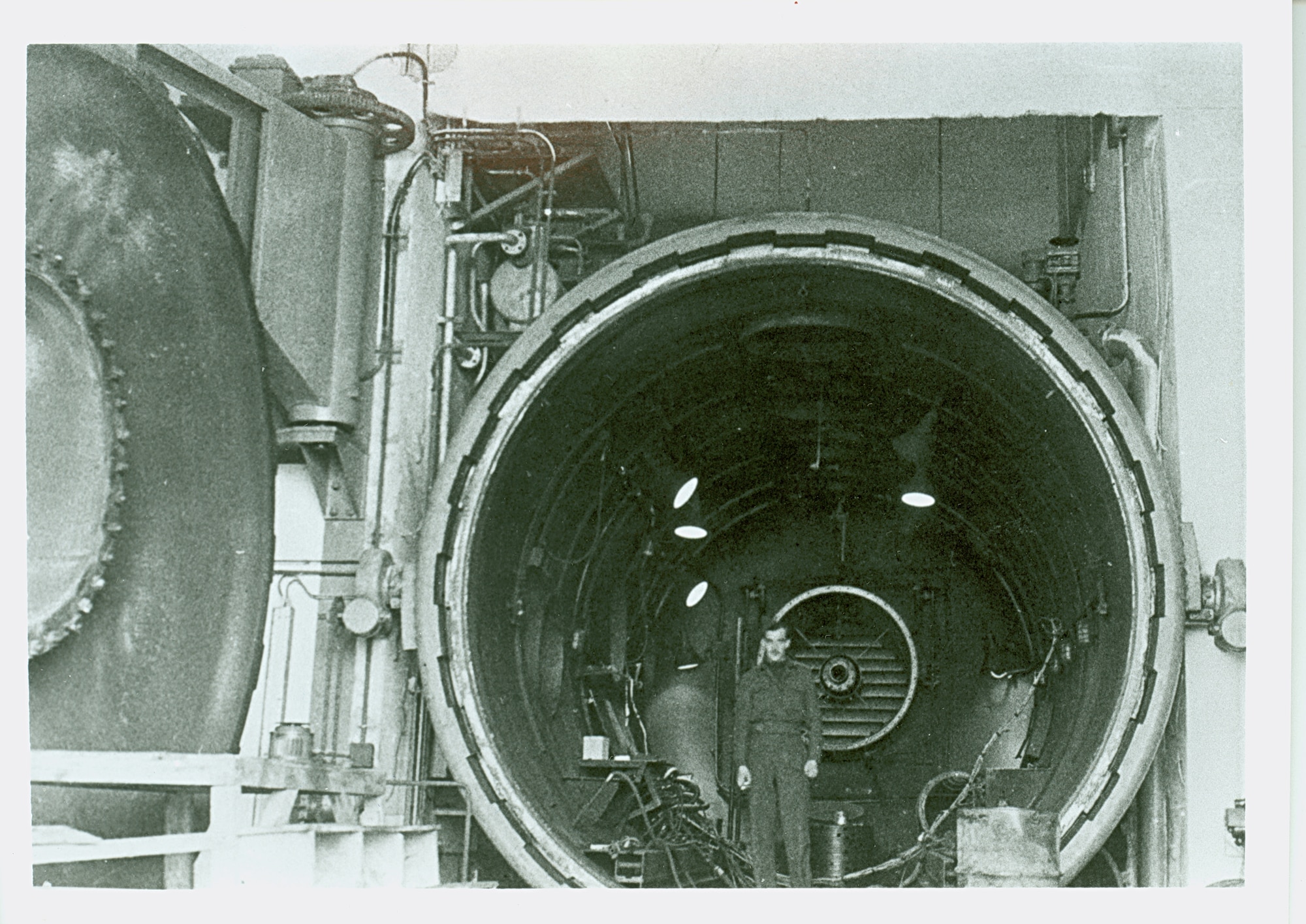 A 1945 photo shows one of the two high altitude cells at the Munich BMW plant. Engines having up to 4,400 pounds of thrust could be tested at conditions simulating Mach number 0.8 (about 525 mph) at 55,000 feet. Inlet air supply totaled 55 pounds per second. 