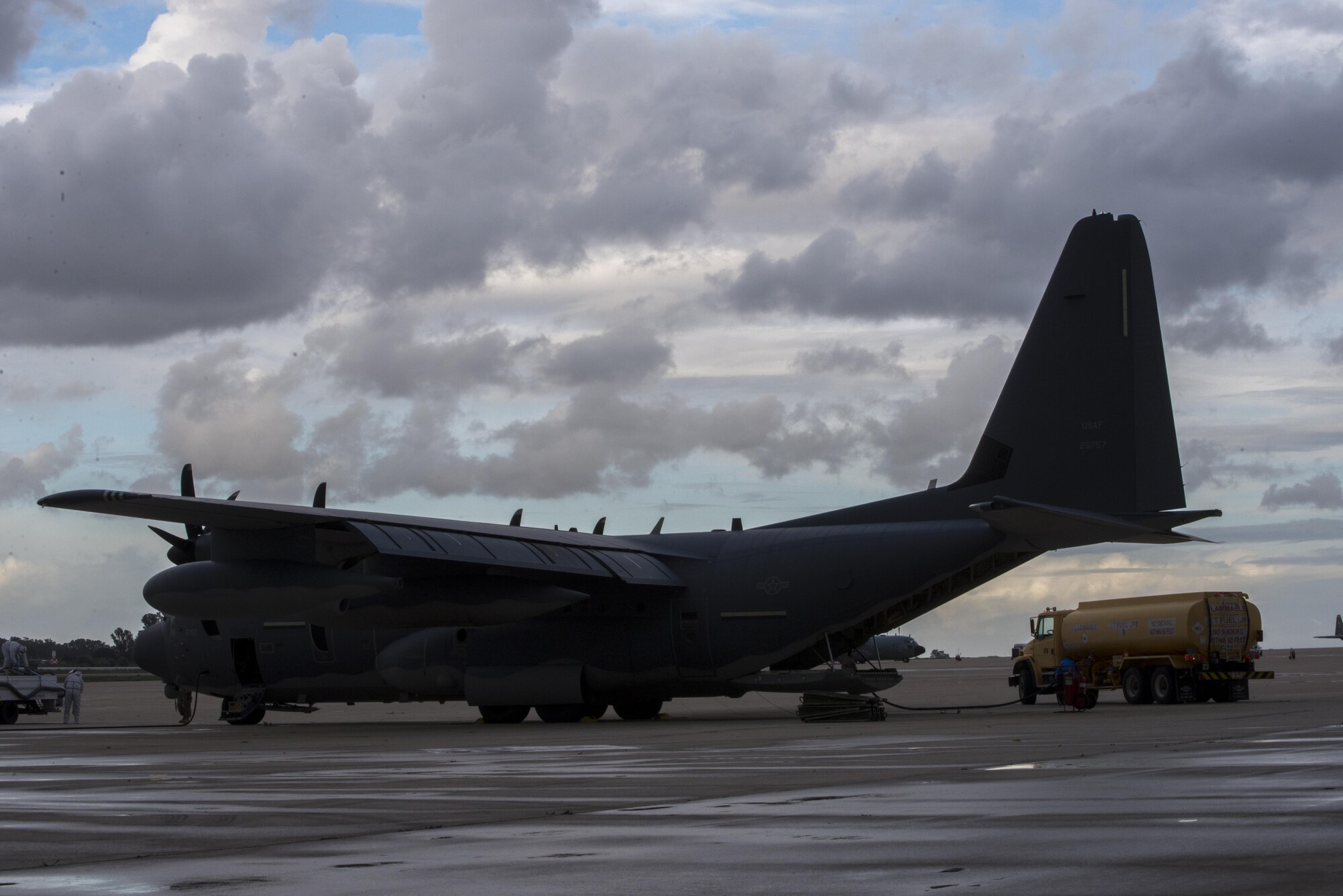 An U.S. MC-130J Commando II from the 352d Special Operations Wing refuels at Naval Air Station Rota, Spain in preparation for a combined exfiltration exercise during TRIDENT JUNCTURE, Nov. 2, 2015. The exercise involved U.S. and Spanish air commandos completing a rapid exfiltration from a remote airfield under simulated fire. (U.S. Air Force photo by 1st Lt. Chris Sullivan/Released)