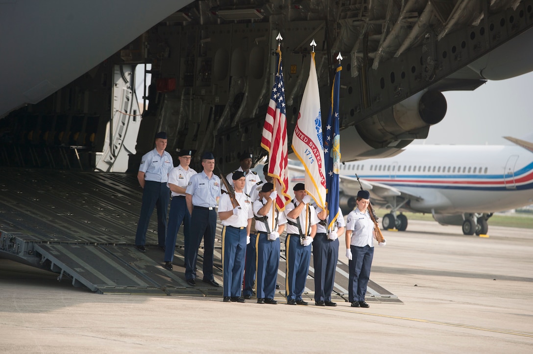 Members of a joint color guard participate in a repatriation ceremony for the remains of a recovered American World War II era aircrew in Subang, Malaysia, Nov. 5, 2015. U.S. Defense Secretary Ash Carter attended the event. DoD photo by U.S. Air Force Senior Master Sgt. Adrian Cadiz