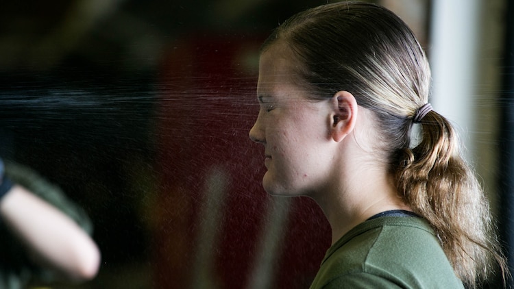 Lance Cpl. Breeann Rogers is sprayed with oleoresin capsicum aboard the USS Essex on the Indian Ocean, Oct. 31, 2015 during a non-lethal weapons course. Rogers is a motor transportation operator with Combat Logistics Battalion 15, 15th Marine Expeditionary Unit, and is a member of the combat cargo platoon. U.S. Marines and Sailors were sprayed across the face with OC spray and went through a series of exercises as their final event of the course. 