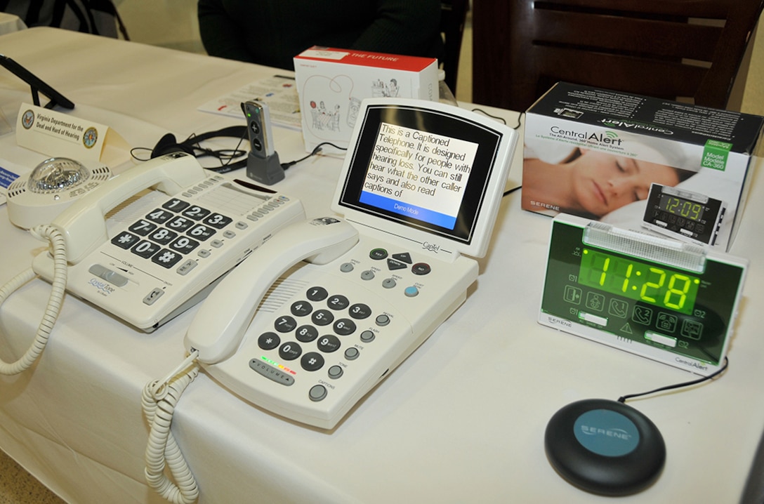 A closed-captioned telephone and other assistive equipment sits on a table display at the Disability Awareness Fair Oct. 20 at the McNamara Headquarters Complex.