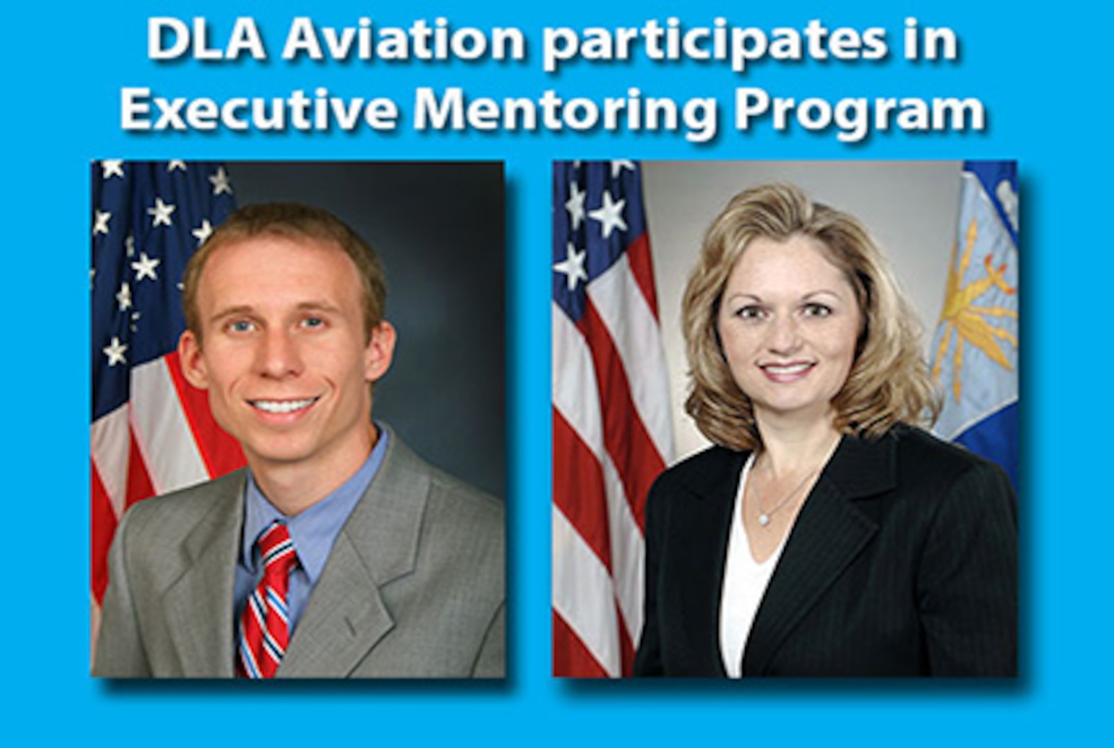 Defense Logistics Agency Aviation Supplier Operations Directorates' Strategic Acquisition Programs Chief Randall Dortch, left, was one of DLA Aviation employees selected to participate in the DLA Executive Mentoring Program in Richmond. In early October, Dortch met with mentor and Senior Executive Service employee Deline "Dee" Reardon, right, the Deputy Assistant Secretary of Defense for Supply Chain Integration for Acquisition, Technology, and Logistics, Installations and Mission Support within the Office of the Under Secretary of Defense. (graphic by Bonnie Koenig, DLA Avaition public affairs specialist)