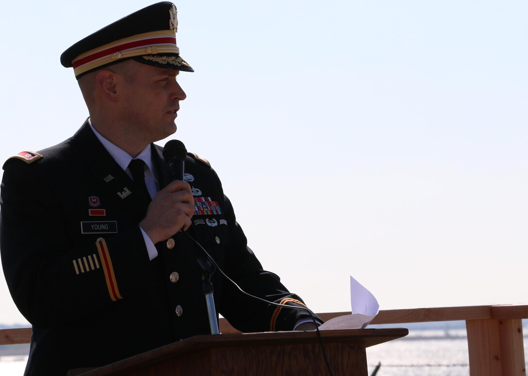 Lieutenant Col. Daniel Young, deputy commander, Tulsa District, U.S. Army Corps of Engineers, speaks during the opening ceremony for the Waurika Lake dredging project, November 3. Young praised the Waurika Lake Master Conservancy District for their efforts in dreding Waurika Lake to reclaim water supply and flood control storage.
