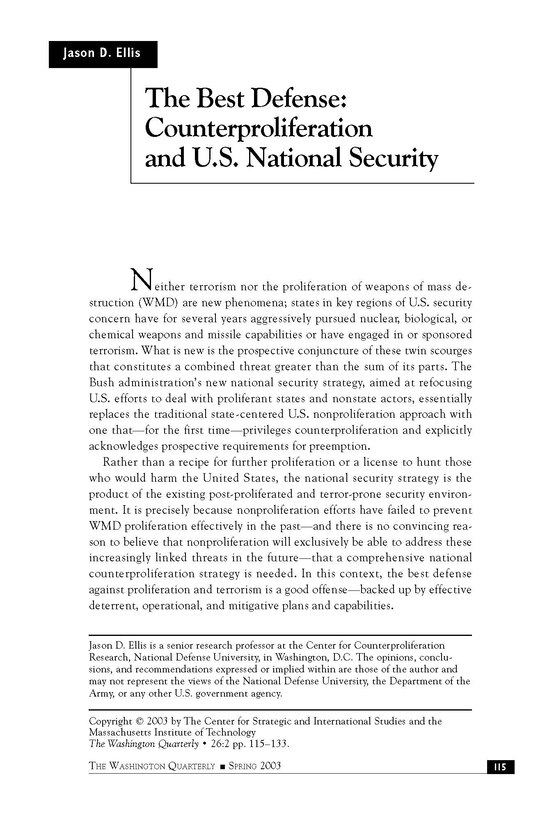 The Best Defense: Counterproliferation and U.S. National Security Policy