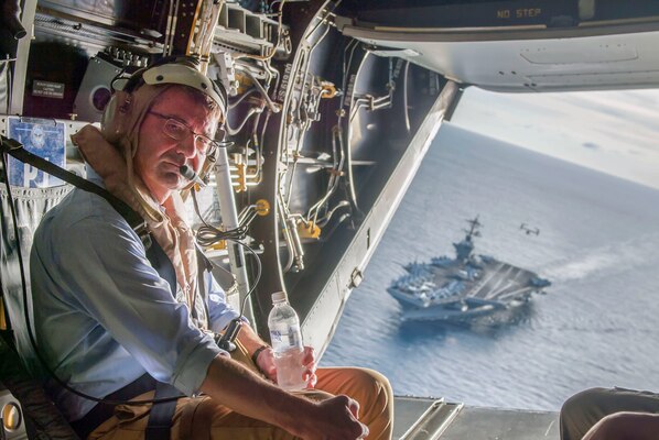 U.S. Defense Secretary Ash Carter departs the USS Theodore Roosevelt in a V-22 Osprey after visiting the aircraft carrier in the South China Sea with Malaysian Defense Minister Hishammuddin Hussein, Nov. 5, 2015. DoD photo by Air Force Senior Master Sgt. Adrian Cadiz