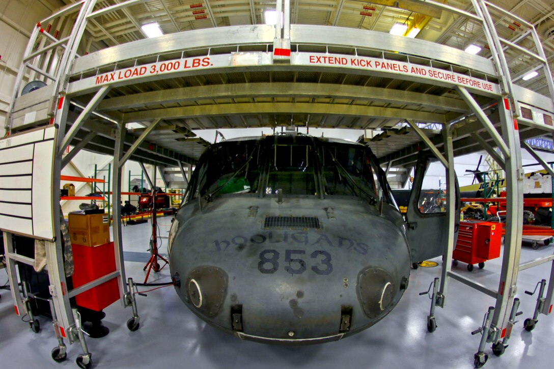 An Army UH-60 Black Hawk helicopter sits in the dock during routine maintenance at the Army Aviation Support Facility, Joint Base McGuire-Dix-Lakehurst, N.J., Oct. 28, 2015. New Jersey Air National Guard photo by Tech. Sgt. Matt Hecht

