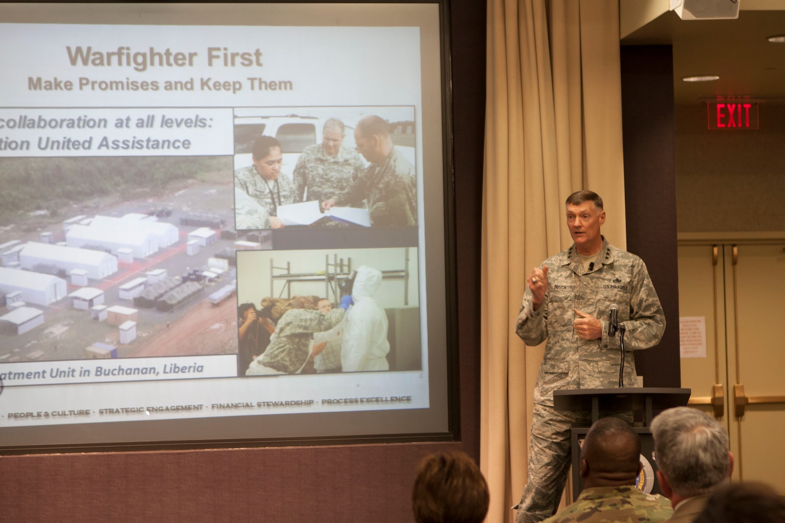DLA Director Air Force Lt. Gen. Andy Busch briefs the DLA Distribution workforce on the Agency’s seven-year strategic plan at an Oct. 27 town hall. 