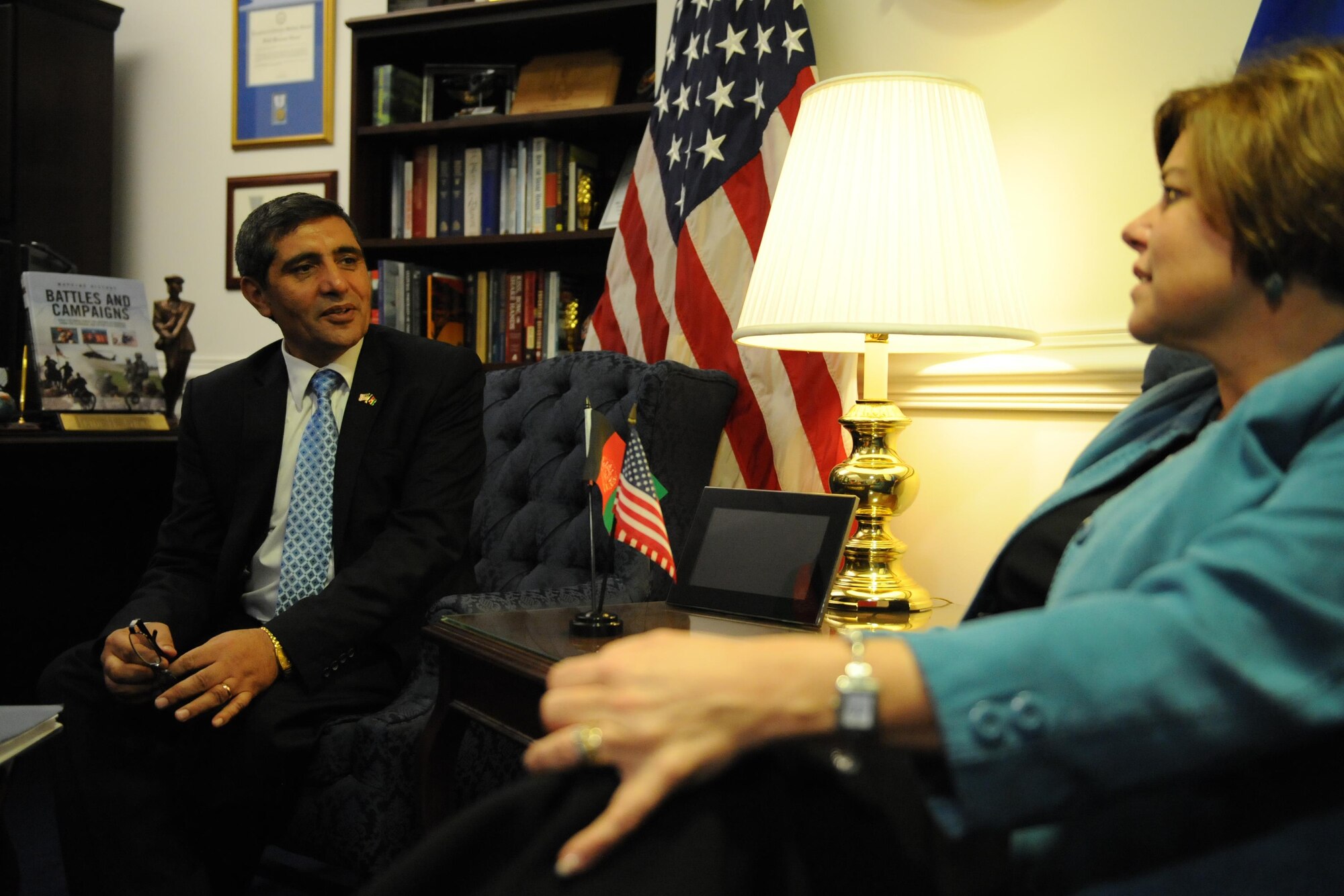 Heidi H. Grant, right, the Air Force’s deputy undersecretary for international affairs, talks with Afghan Maj. Gen. Ghulam Sakhi, of the Afghanistan Ministry of Defense for acquisition, technology and logistics, during a visit to the Pentagon, Oct. 27, 2015. The Afghanistan delegation met with Grant to discuss training and support for the Afghan Ministry of Defense. (U.S. Air Force photo/Senior Airman Hailey Haux)