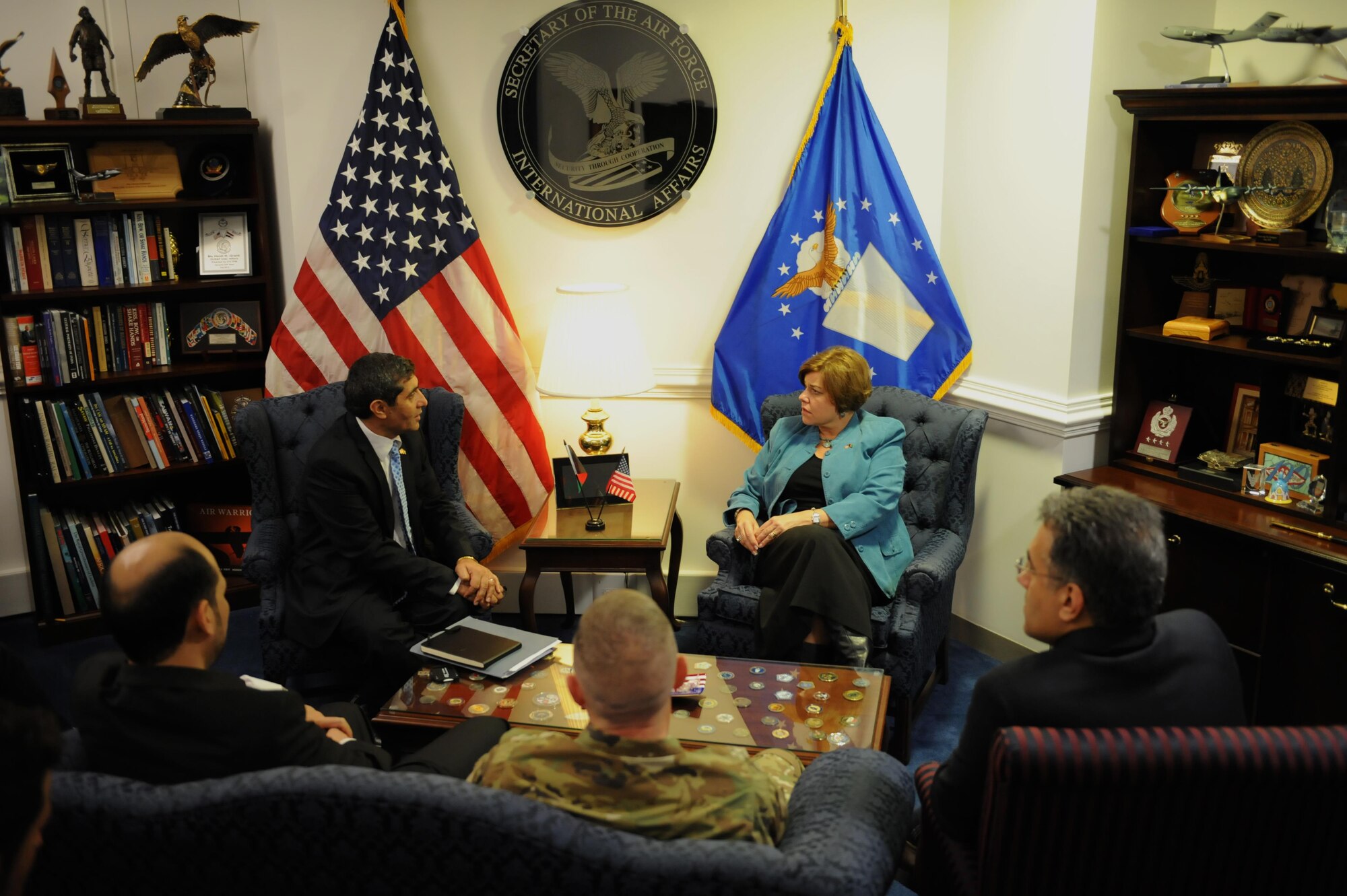 Heidi H. Grant, the Air Force’s deputy undersecretary for international affairs, discusses training and support for the Afghan Ministry of Defense during an Afghanistan delegation visit to the Pentagon, Oct. 27, 2015. In December, four Afghan pilots will complete pilot training on the A-29 Super Tucano. (U.S. Air Force photo/Senior Airman Hailey Haux)