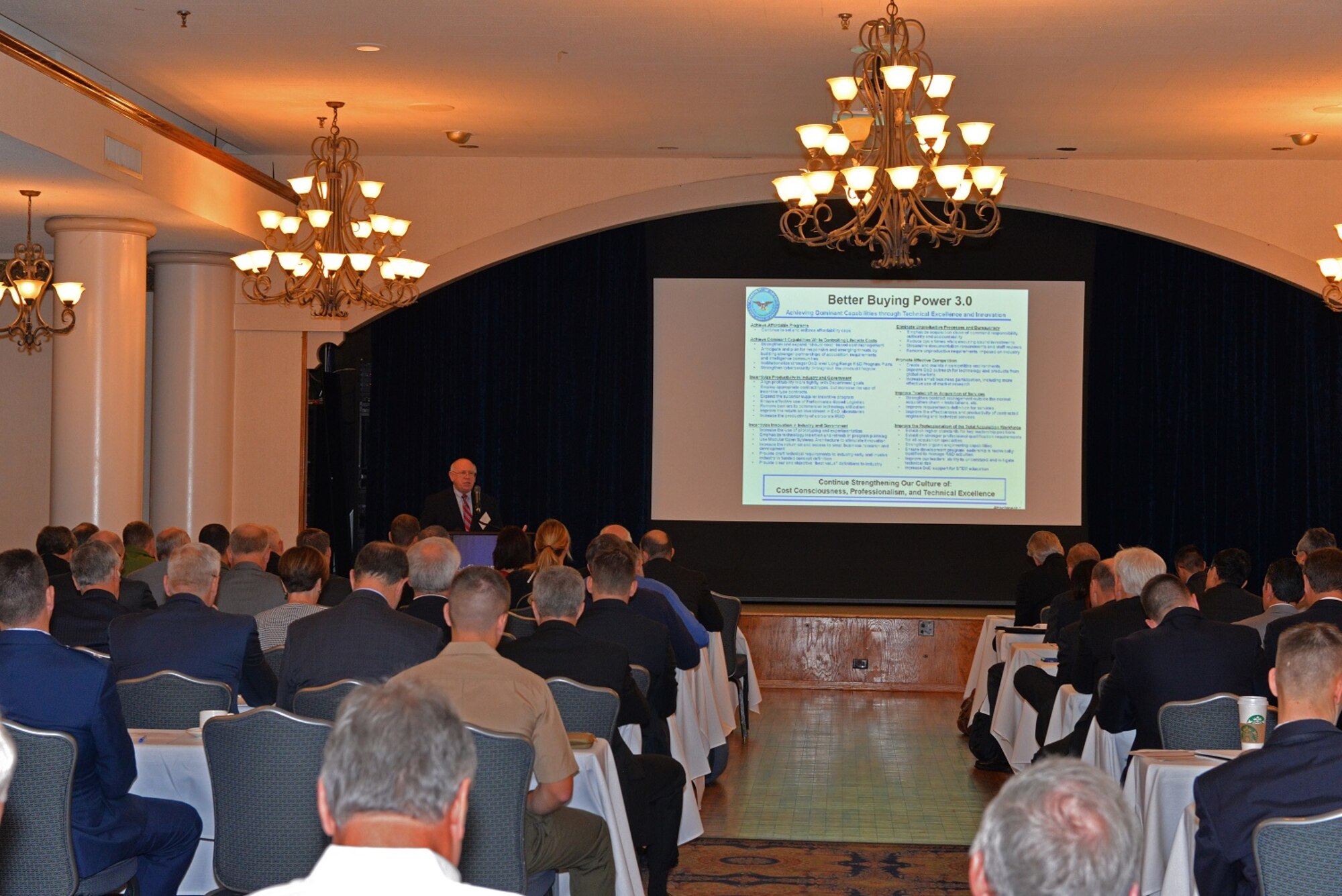 Principal Deputy Assistant Secretary of the Air Force for Acquisition, Richard Lombardi, speaks on USAF institutional acquisition practices at the Military Flight Training USA conference held at Joint Base San Antonio-Randolph on Oct. 27, 2015.  Lombardi was a keynote speaker for the
event that brought together senior government and military thought leaders to exchange insights into emerging mission requirements with their industrial counterparts (U.S. Air Force photo by Master Sgt. Andy Stephens)
