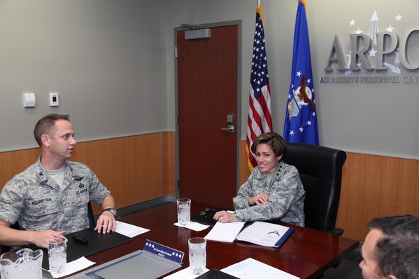 Lt. Gen. Gina Grosso, Deputy Chief of Staff for Manpower, Personnel and Services, is greeted by Col. Sean McElhaney Pahia, Air Reserve Personnel Center vice commander, during her visit Nov. 5, 2015, to the ARPC on Buckley Air Force Base, Colo. (U.S. Air Force photo/Quinn Jacobson)