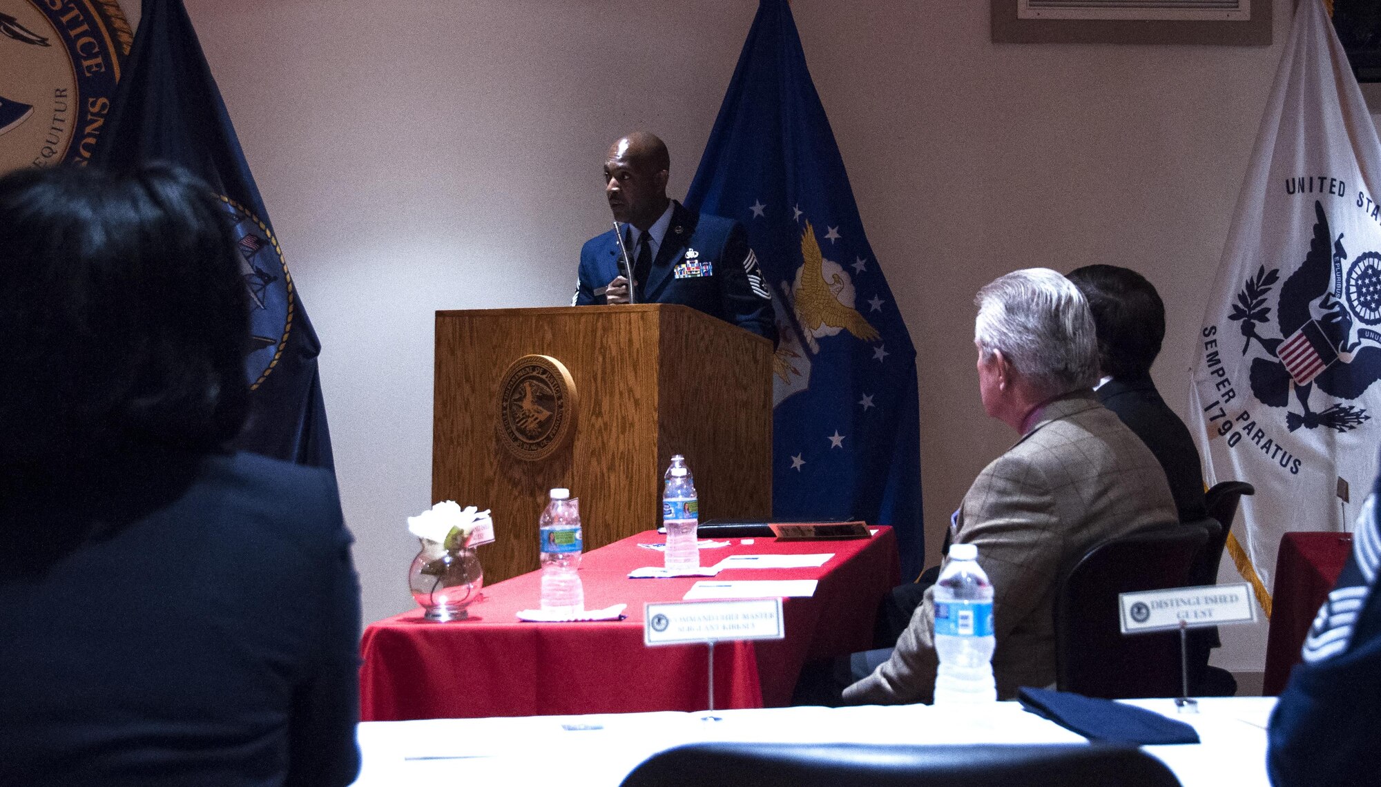 Chief Master Sgt. Cameron Kirksey, Air Force Reserve Command command chief, speaks to staff members of United States Penitentiary Atlanta as a part of Veteran’s Day events in Atlanta, Ga., Nov. 5, 2015. Kirksey spoke to a crowd of around 150 U.S. Armed Force veterans. (U.S. Air Force photo/Staff Sgt. Daniel Phelps)