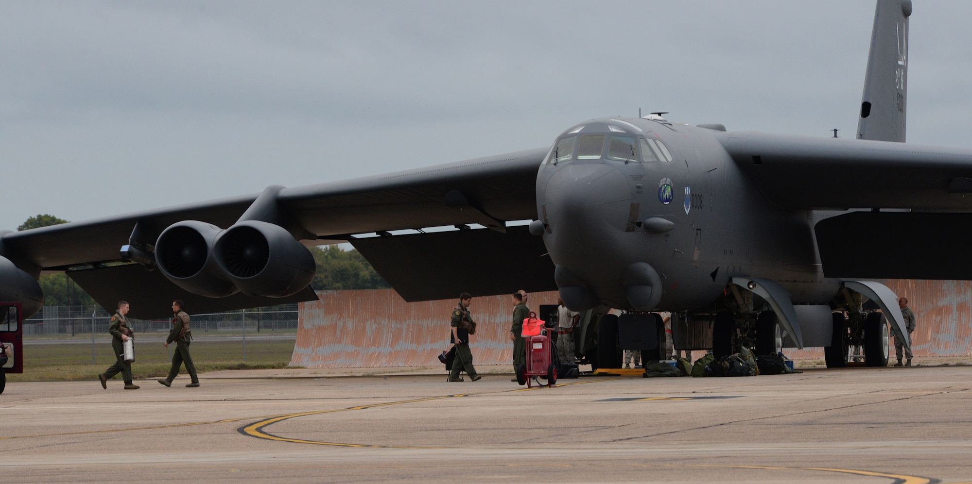 Aircrew members load supplies onto a B-52 Stratofortress at Barksdale Air Force Base, La., Nov. 3, 2015, prior to a long-range bomber mission to the U.S. European Command area of operations in support of Trident Juncture 2015. During the non-stop sortie, which lasted approximately 26 hours, two B-52 aircrews flew from Barksdale AFB to the exercise area of operations where they executed a show-of-force in Spain, participated in a naval maritime strike scenario, and conducted a large force integration scenario in Portugal.  The exercise, which was NATO’s largest in 20 years, took place in Spain, Portugal, Italy and at sea. (U.S. Air Force photo/Airman 1st Class Curt Beach)