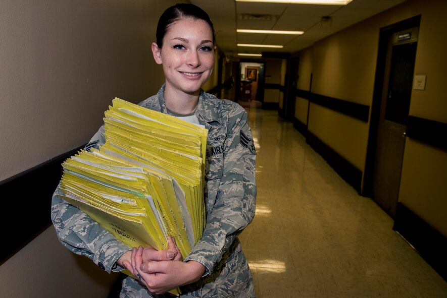Senior Airman Acalia Cleaver, 82nd Medical Support Squadron family member relocation care coordinator and native of Sugar Grove, Ill., has been in the Air Force for two and a half years and is the Support Airman of the Week at Sheppard Air Force Base, Texas, for the week of Nov. 3-9, 2015. Cleaver is responsible for ensuring Airmen in Training and permanent party members are able to move to another duty station. (U.S. Air Force photo/Senior Airman Kyle Gese)