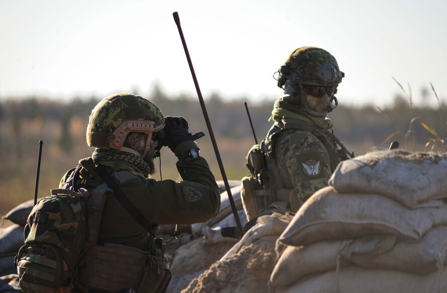 Estonian joint terminal attack controllers survey the area during a close-air support training mission at Tapa training range Oct. 28, 2015, near Tapa, Estonia. During the training, 74th Expeditionary Fighter Squadron A-10 Thunderbolt II attack aircraft supported the JTACs with close air support against simulated hostile targets. (U.S. Air Force photo by Andrea Jenkins/Released)