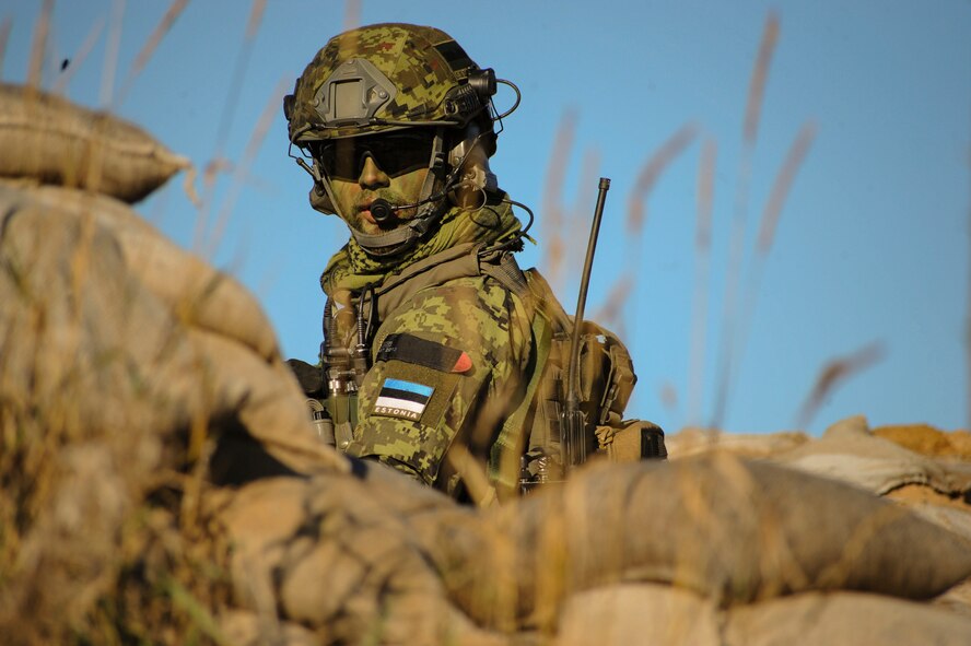 An Estonian joint terminal attack controller looks out over a bunker during a close-air support training mission at Tapa training range Oct. 28, 2015, near Tapa, Estonia. During the training, 74th Expeditionary Fighter Squadron A-10 Thunderbolt II attack aircraft supported the JTACs with close-air support against simulated hostile targets. (U.S. Air Force photo by Andrea Jenkins/Released)