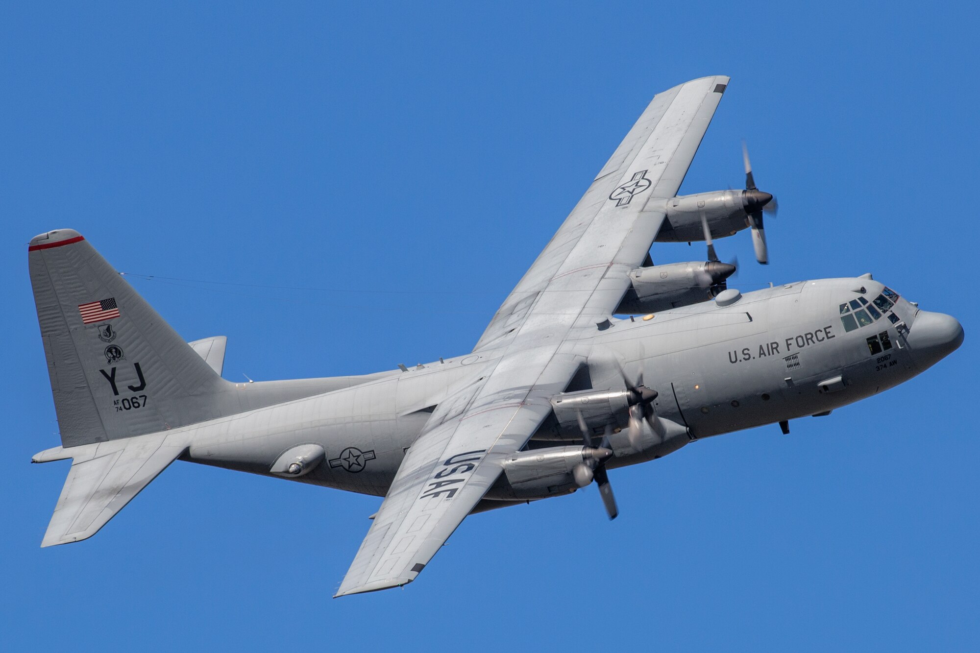 A C-130 Hercules with the 36th Airlift Squadron flies back to Yokota Air Base, Japan, Nov. 4, 2015, during Exercise VIGILANT ACE 16. Yokota participated in a large-scale exercise designed to enhance the interoperability of U.S. and Republic of Korea Air Forces. During the deployment phase of the exercise, the 374th Airlift Wing conducted 42 missions, generated 87 sorties totaling over 250 flying hours to move more than 400 thousand pounds and more than 650 passengers -- a testament to the professionalism of our team.  (U.S. Air Force photo by Osakabe Yasuo/Released)