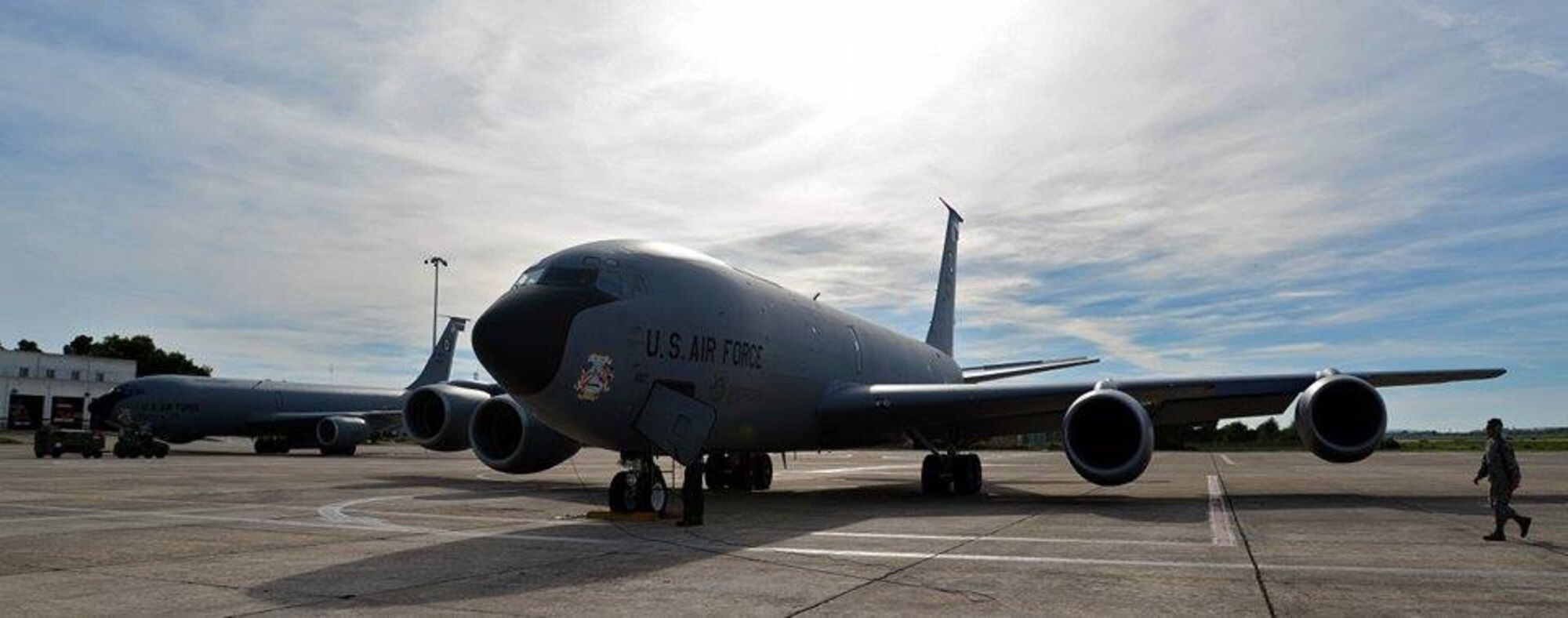 U.S. Air Force Airmen from the 100th Aircraft Maintenance Squadron prepare a KC-135 Stratotanker prior to take-off Oct. 29, 2015, at Son San Juan Air Base, Spain. Twenty-four Airmen from the 100th AMXS helped maintain the aircraft during Exercise Trident Juncture. (U.S. Air Force photo by Senior Airman Christine Halan/Released)