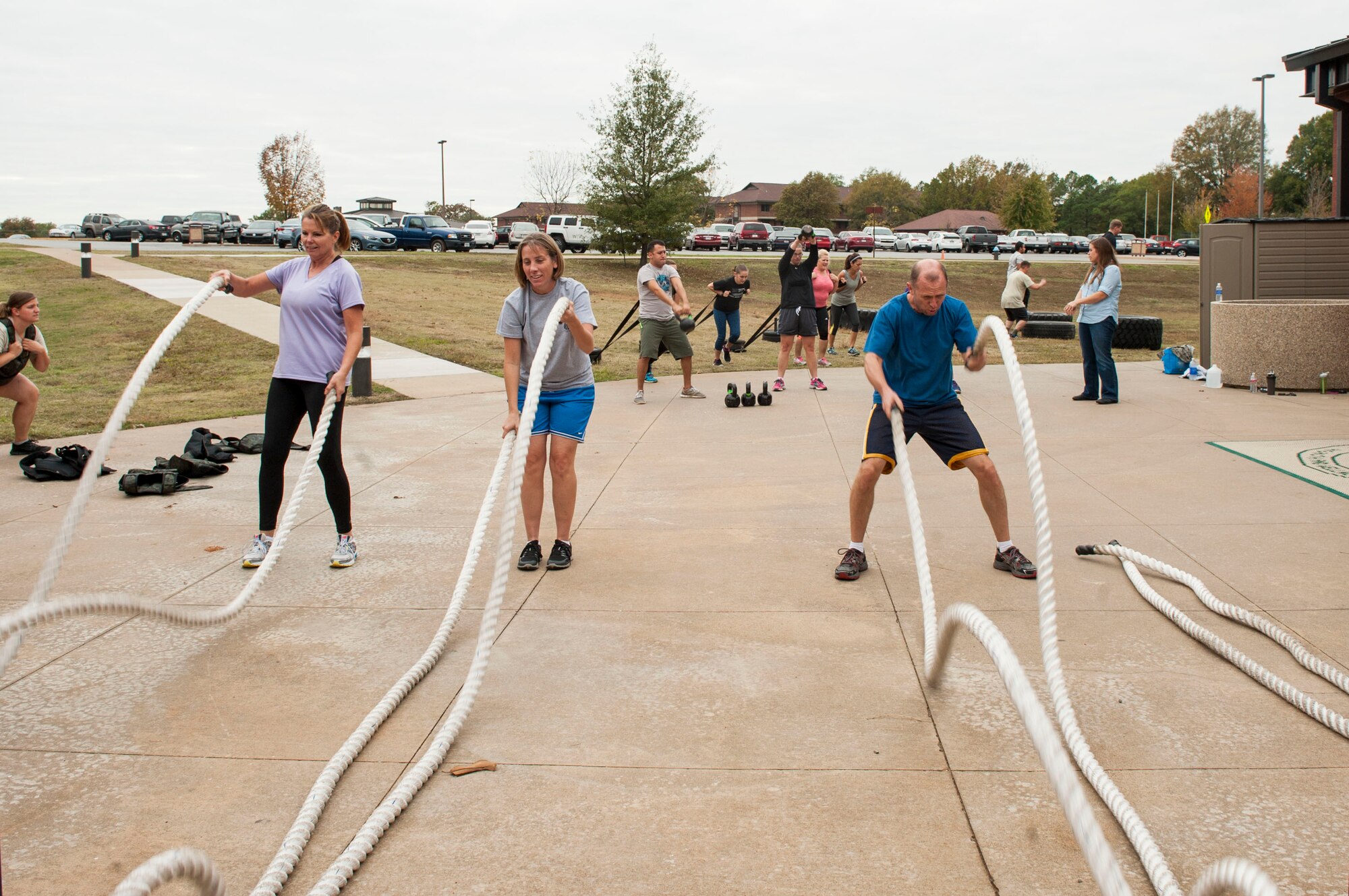 Team Little Rock members work out during the 3 p.m. Vital 90 class Nov. 4, 2015, at Little Rock Air Force Base, Ark. Vital 90 is a high-intensity group fitness program. (U.S. Air Force photo by Senior Airman Stephanie Serrano)