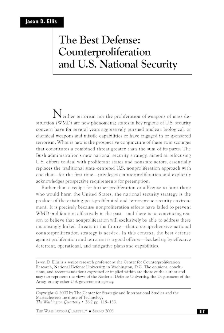 The Best Defense: Counterproliferation and U.S. National Security Policy