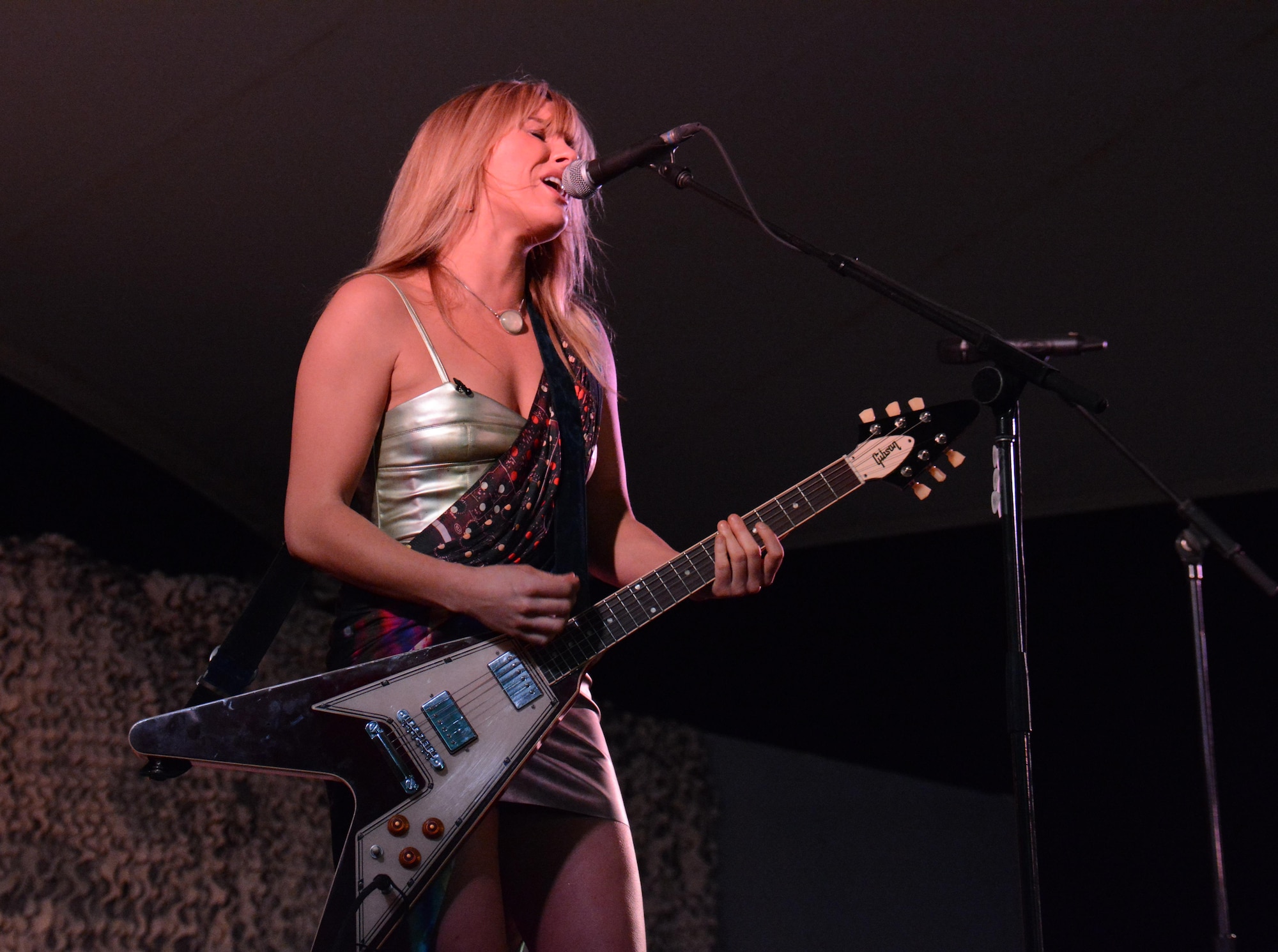 Singer and songwriter, Grace Potter, performs for deployed service members at Al Udeid Air Base, Qatar Nov. 3. Potter said she was honored to perform for America's warriors and said she hopes everyone who attended her performance got a soul massage. (U.S. Air Force photo by Tech. Sgt. James Hodgman)