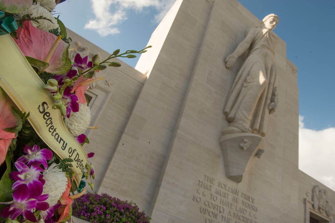 A wreath from Defense Secretary Ash Carter stands on display at the National Memorial Cemetery of the Pacific in Honolulu, Nov. 5, 2015. Carter visited the cemetery to place a wreath and pay his respects to the fallen. DoD photo by Air Force Senior Master Sgt. Adrian Cadiz