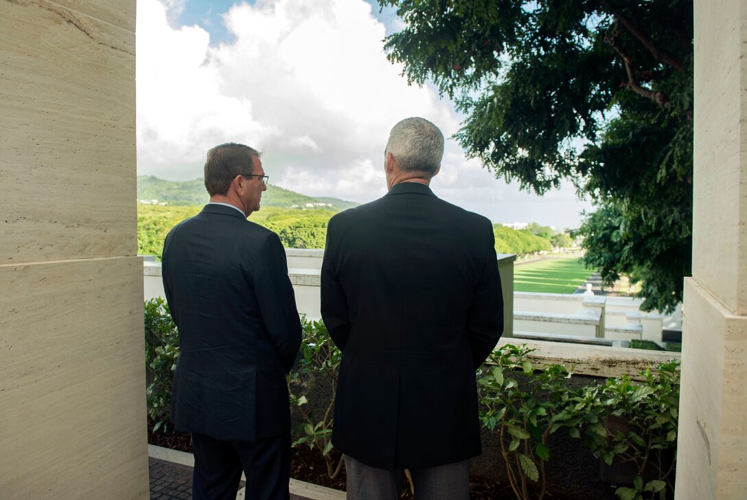 Jim Horton, right, director of the National Memorial Cemetery of the Pacific, gives Defense Secretary Ash Carter a historical overview of the cemetery in Honolulu, Nov. 5, 2015. DoD photo by Air Force Senior Master Sgt. Adrian Cadiz