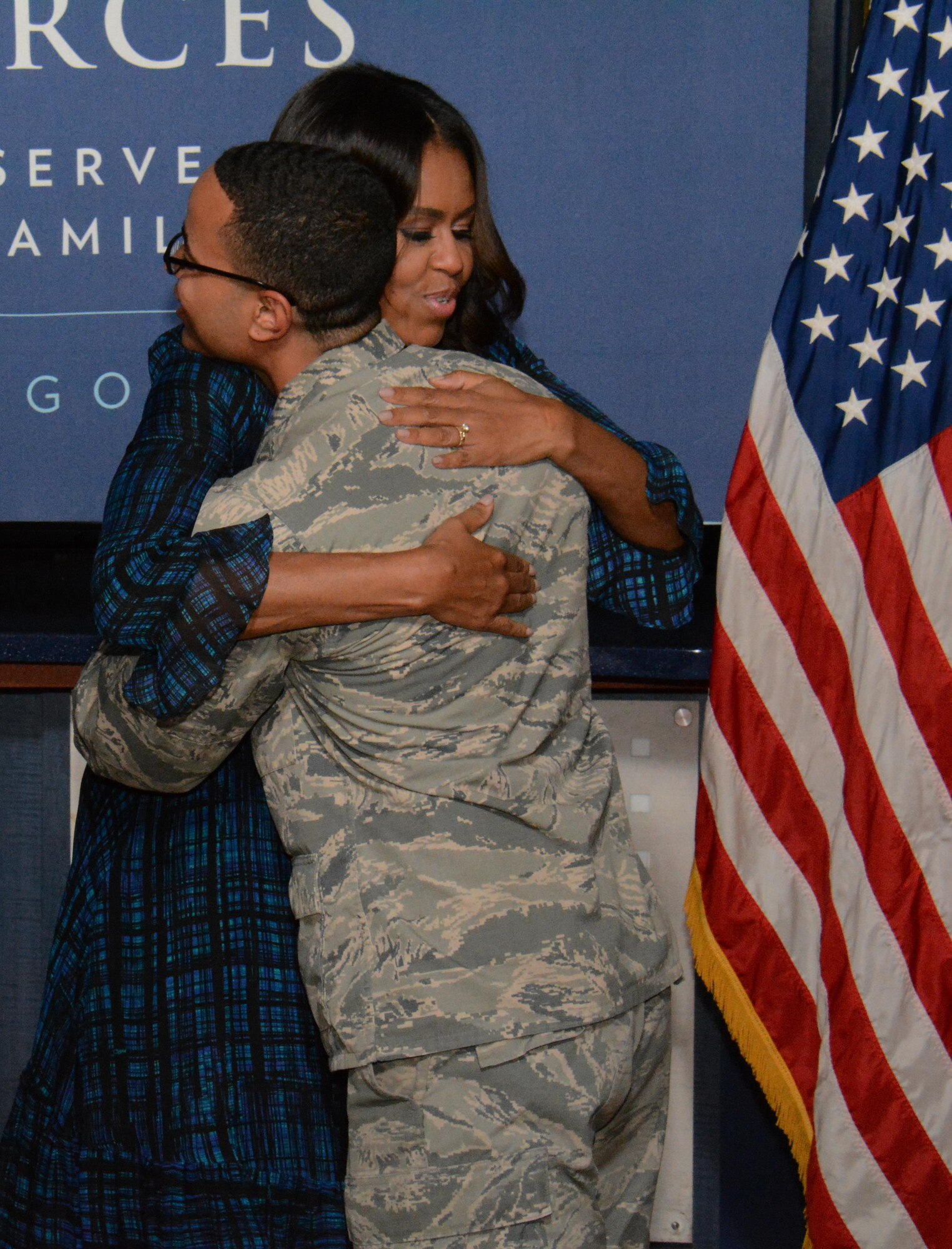 The first lady of the United States, Michelle Obama hugs Airman 1st Class Jared Philpot, 8th Expeditionary Air Mobility Squadron, at Al Udeid Air Base, Qatar Nov. 3 during a base visit. Obama said she’s proud of and incredibly grateful for the hard work America’s military men and women do. “I feel very lucky to be selected and be able to do something like this, it is a once in a lifetime opportunity, and I was really nervous,” Philpot said. “I’ve never met someone this important or iconic.” (U.S. Air Force photo by Tech. Sgt. James Hodgman) 