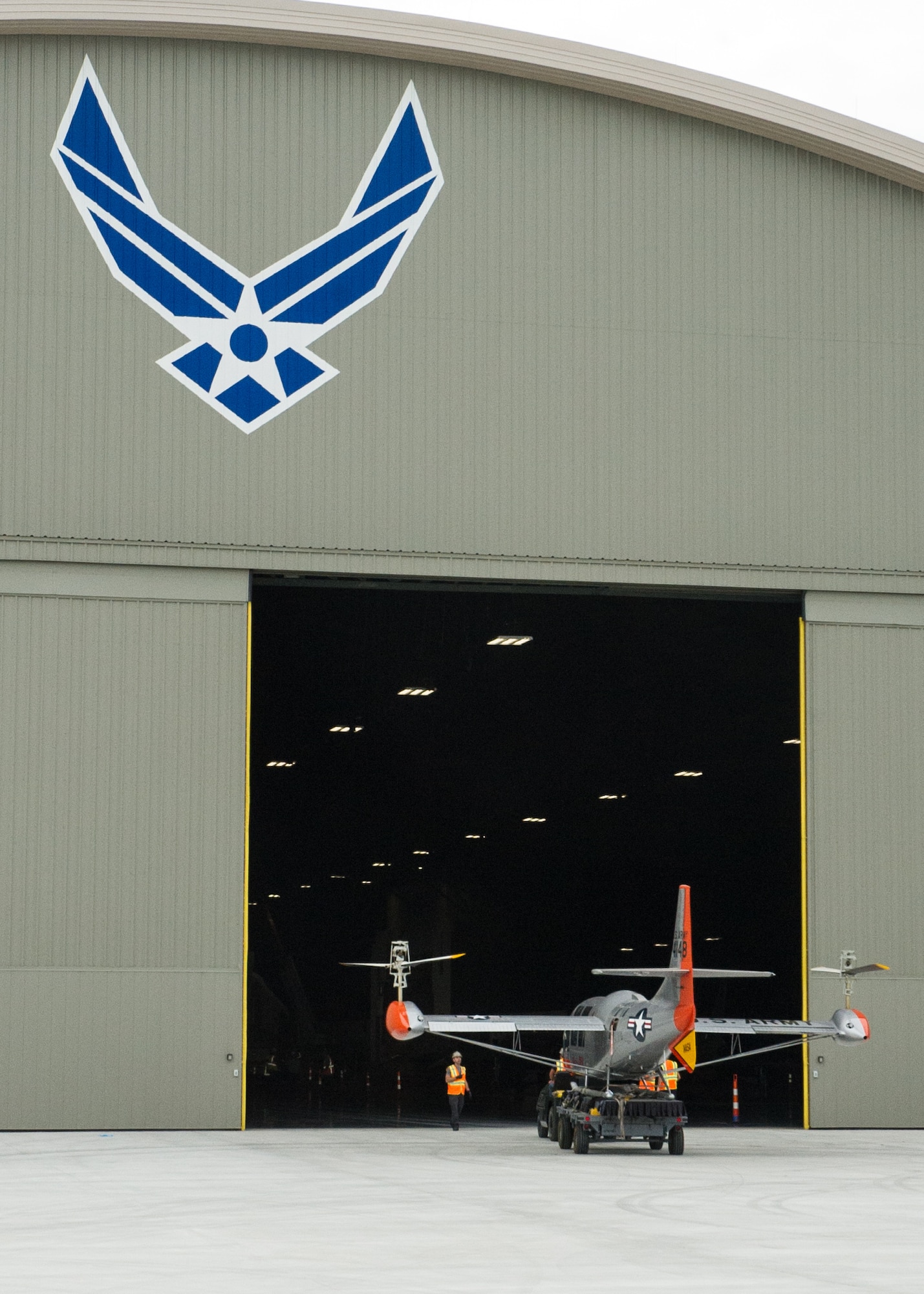 Restoration staff move the Bell Helicopter Textron XV-3 into the new fourth building at the National Museum of the U.S. Air Force on Nov. 5, 2015. (U.S. Air Force photo by Ken LaRock)