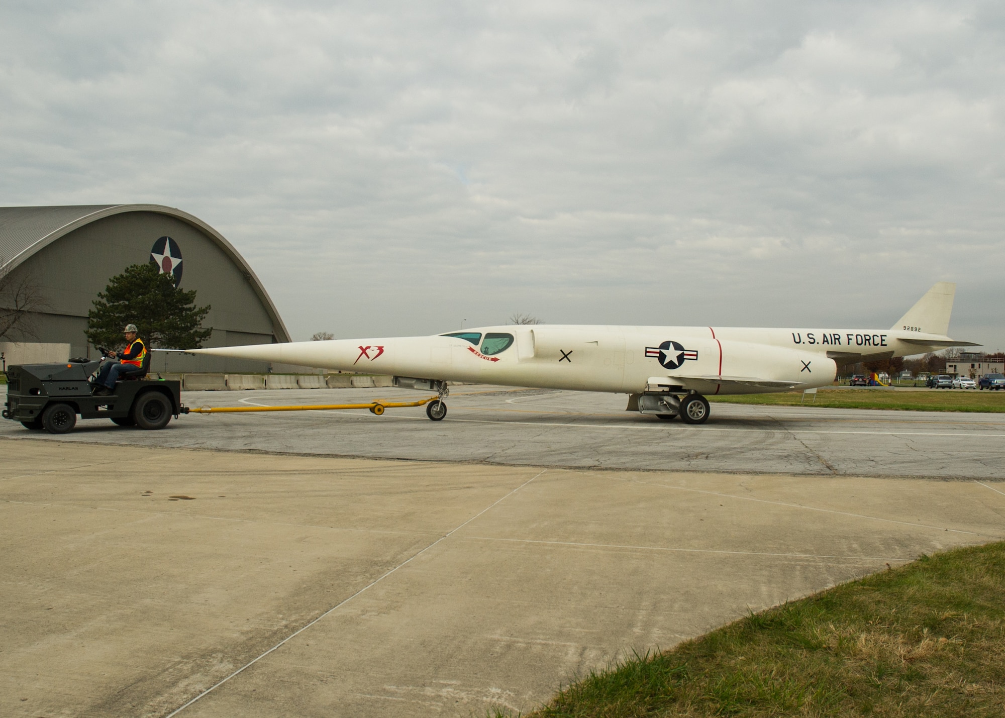 Restoration staff move the Douglas X-3 Stiletto into the new fourth building at the National Museum of the U.S. Air Force on Nov. 5, 2015. (U.S. Air Force photo by Ken LaRock)