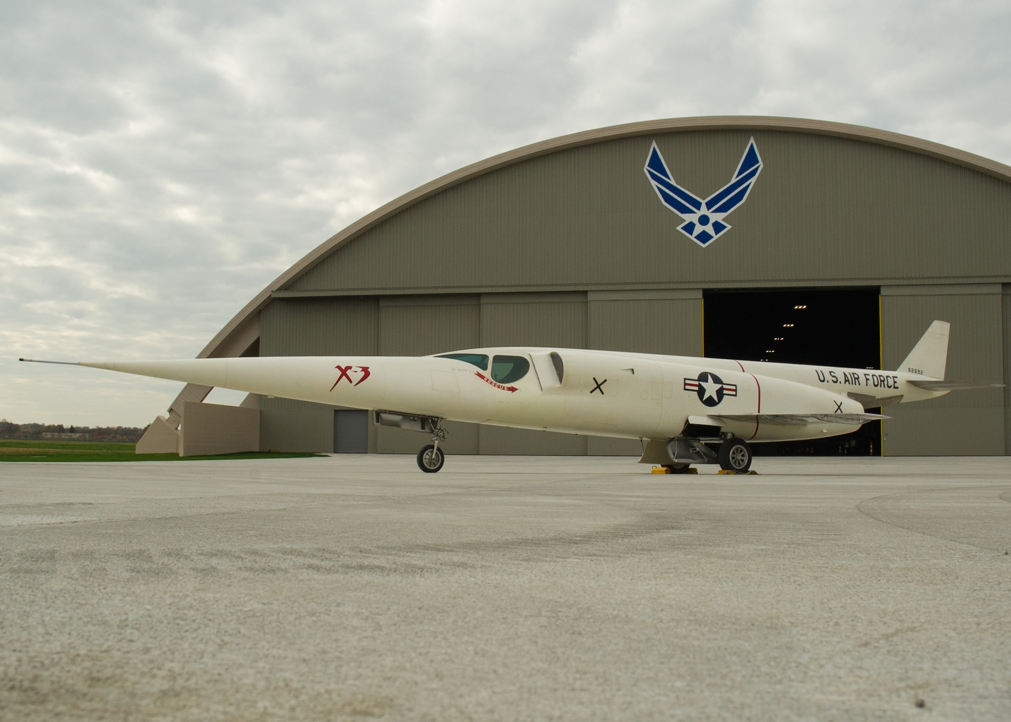 Restoration staff move the Douglas X-3 Stiletto into the new fourth building at the National Museum of the U.S. Air Force on Nov. 5, 2015. (U.S. Air Force photo by Ken LaRock)