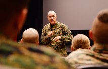Maj. Gen. Charles L. Hudson, commander, Marine Corps Installations Command, addresses Marine Corps Logistics Base Albany’s Marines and civilian-Marines during his visit, here, Nov. 4.