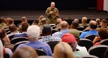 Maj. Gen. Charles L. Hudson, commander, Marine Corps Installations Command, addresses Marine Corps Logistics Base Albany’s workforce during his visit, here, Nov. 4.