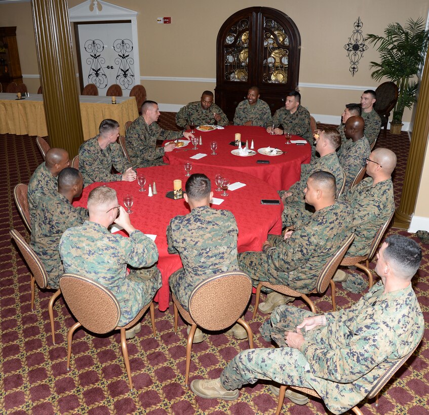 Maj. Gen. Charles L. Hudson, commander, and Sgt. Maj. Anthony Cruz Jr., sergeant major, both with Marine Corps Installations Command, speak to Marines in a number of forums to address MCICOM’s vision and goals during their visit, here, Nov. 4.