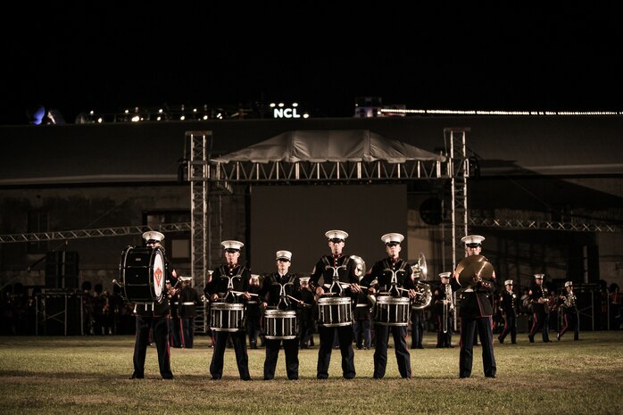 2nd Marine Aircraft Wing Band performs at the Bermuda 50th Regiment Tattoo, 22-24 October. The Bermuda Tattoo presented a world-class spectacle of music and military precision at the historic grounds of the Keep Yard, Royal Naval Dockyard. Performers from the United States, United Kingdom, Canada and the Caribbean joined the Royal Bermuda Regiment Band and Corps of Drums. (Courtesy Photo)