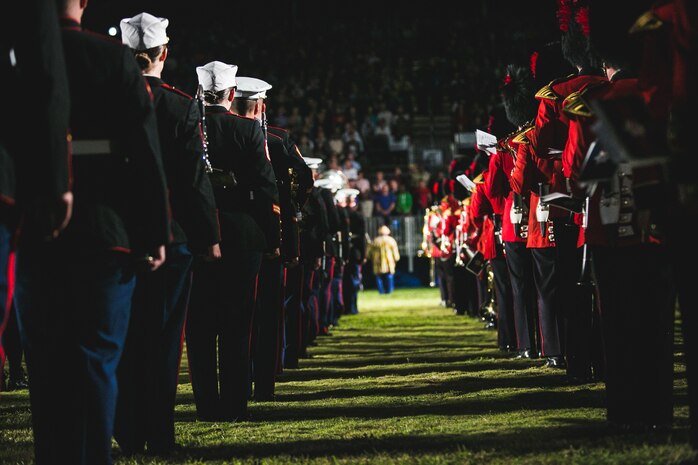 2nd Marine Aircraft Wing Band performs alongside other units during a mass performance at the Bermuda 50th Regiment Tattoo, 22-24 October. The Bermuda Tattoo presented a world-class spectacle of music and military precision at the historic grounds of the Keep Yard, Royal Naval Dockyard. Performers from the United States, United Kingdom, Canada and the Caribbean joined the Royal Bermuda Regiment Band and Corps of Drums. (Courtesy Photo)