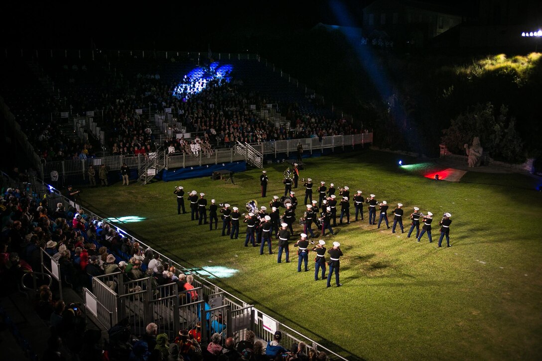The 2nd Marine Aircraft Wing Band performs at the Bermuda 50th Regiment Tattoo, 22-24 October. The Bermuda Tattoo presented a world-class spectacle of music and military precision at the historic grounds of the Keep Yard, Royal Naval Dockyard. Performers from the United States, United Kingdom, Canada and the Caribbean joined the Royal Bermuda Regiment Band and Corps of Drums. (Courtesy Photo)
