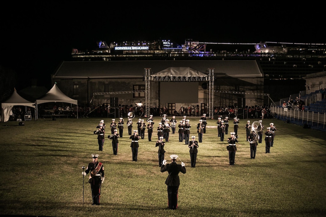 The 2nd Marine Aircraft Wing Band performs at the Bermuda 50th Regiment Tattoo, 22-24 October. The Bermuda Tattoo presented a world-class spectacle of music and military precision at the historic grounds of the Keep Yard, Royal Naval Dockyard. Performers from the United States, United Kingdom, Canada and the Caribbean joined the Royal Bermuda Regiment Band and Corps of Drums. (Courtesy Photo)