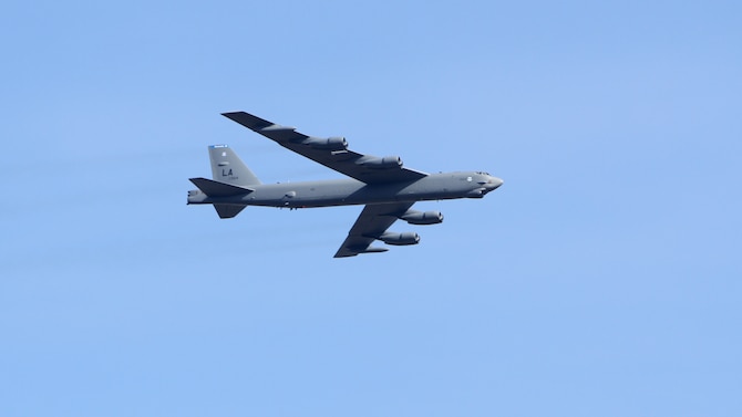 An Air Force B-52 Stratofortress executes a show-of-force at the San Gregorio Training Area in Zaragoza, Spain, Nov. 4, 2015, during Trident Juncture 2015 -- the largest NATO exercise to be conducted in the past 20 years. During the nonstop sortie, which lasted approximately 26 hours, two B-52 aircrews from the 2nd Bomb Wing flew from Barksdale Air Force Base, La., to the multinational exercise area of operations. (NATO photo/Henk van der Velde)