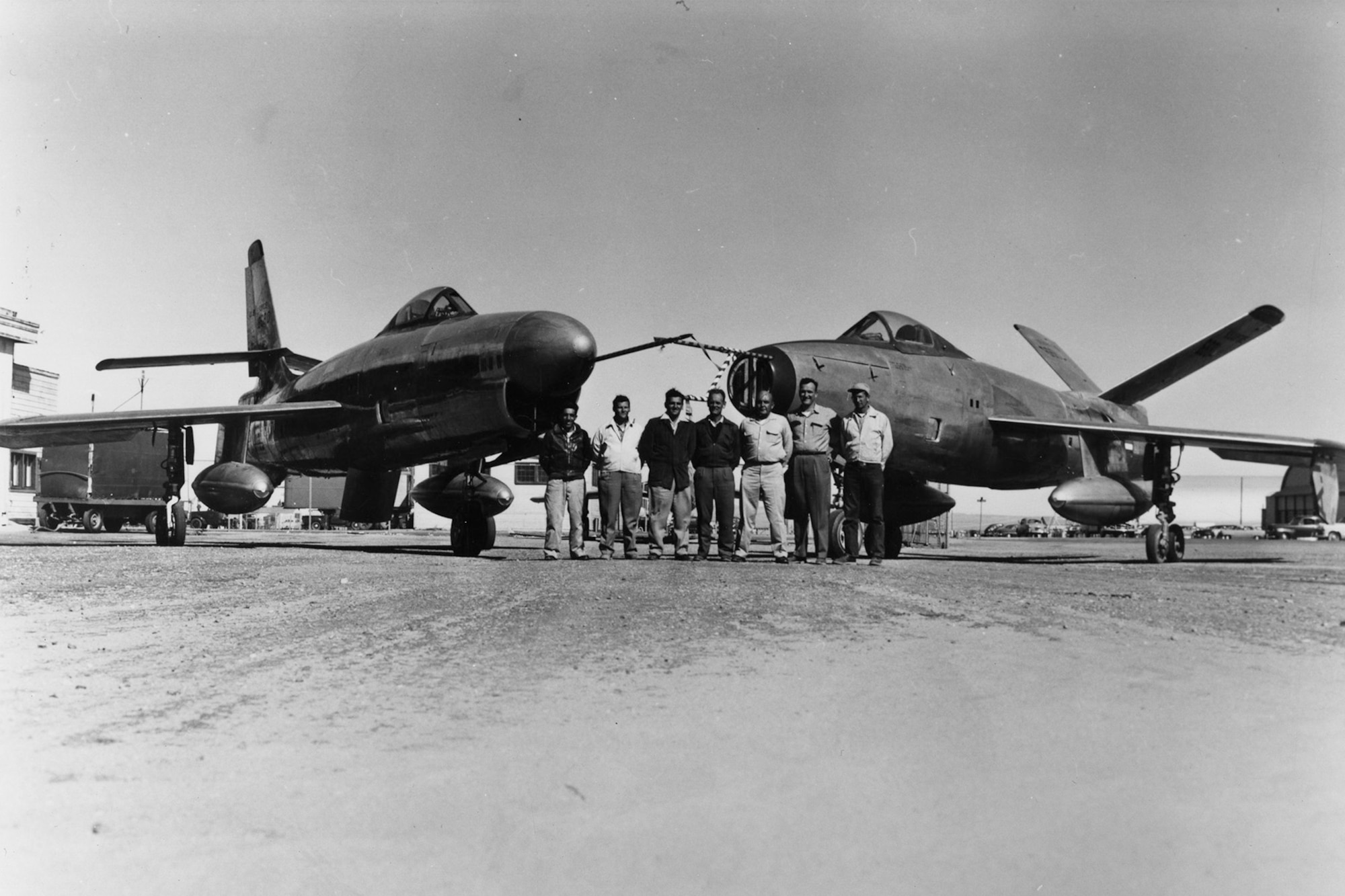 Both XF-91s received modifications during the test program. The museum’s aircraft (left) incorporated a radar nose and revised intake, while the other XF-91 (right) tested a “V-tail.” (U.S. Air Force photo)