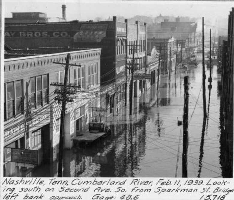 Second Avenue is flooded from the Cumberland River in Nashville, Tenn., Feb. 11, 1939. 
