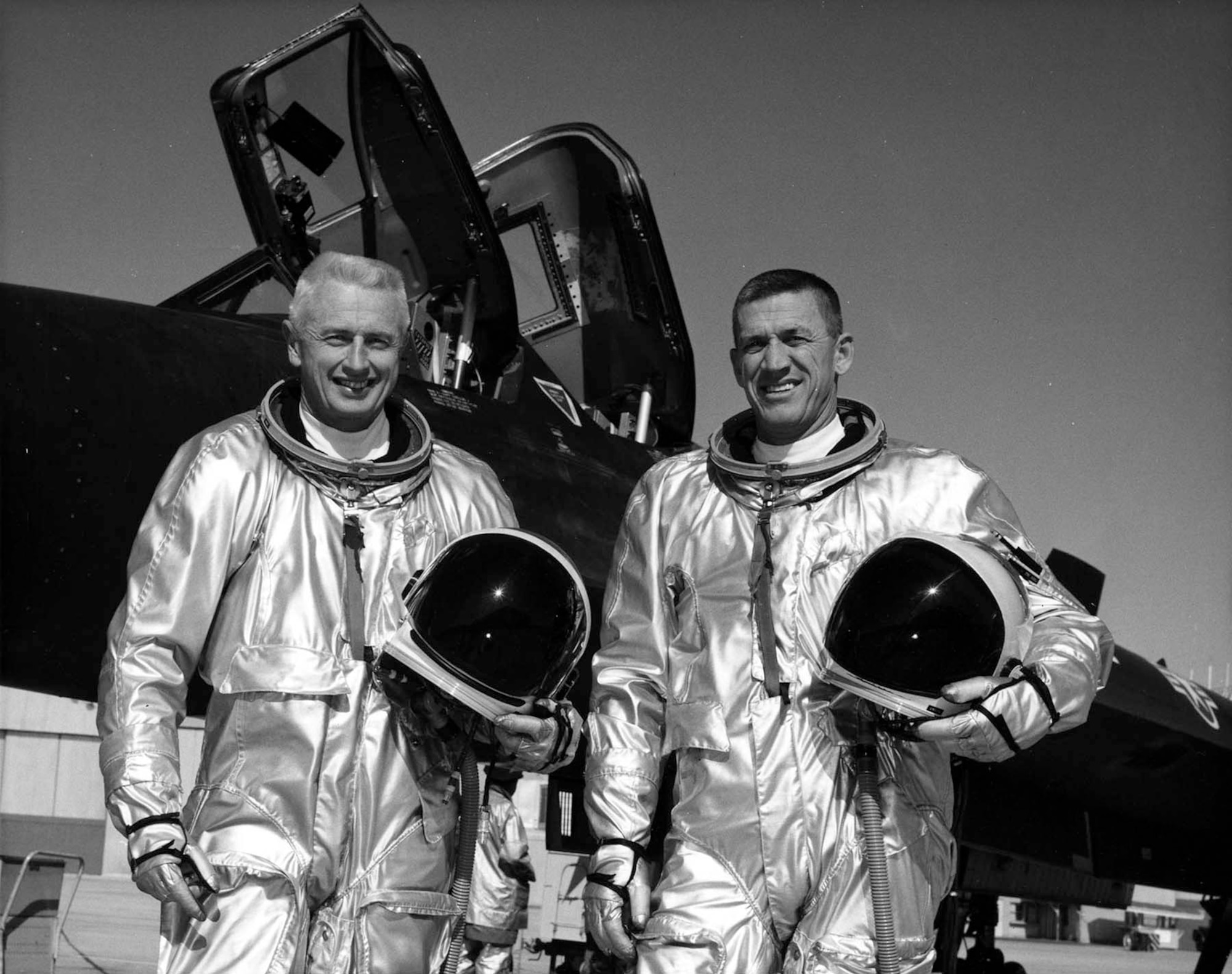 For their YF-12 speed record flight, Col. Robert L. "Fox" Stephens (pilot, left) and Lt. Col. Daniel Andre (fire control officer, right) received the 1965 Thompson Trophy. (U.S. Air Force photo)