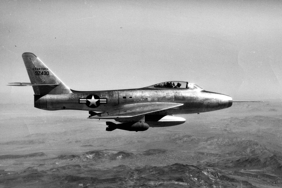 The museum’s aircraft is pictured here as the F-84F prototype. In this configuration, it was originally called the YF-96A, but later redesignated the YF-84F. (U.S. Air Force photo)