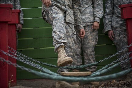 U.S. Army Reserve military police Soldiers navigate through a Leadership Reaction Course as part of a team-building exercise at Camp Atterbury, Ind., Nov. 5, during a three-day range training event hosted and organized by the 384th Military Police Battalion, headquartered at Fort Wayne, Ind. The field training involving more than 550 U.S. Army Reserve Soldiers and included ranges using eight different weapons systems, plus combat patrolling and a rifle marskmanship competition. (U.S. Army photo by Master Sgt. Michel Sauret)