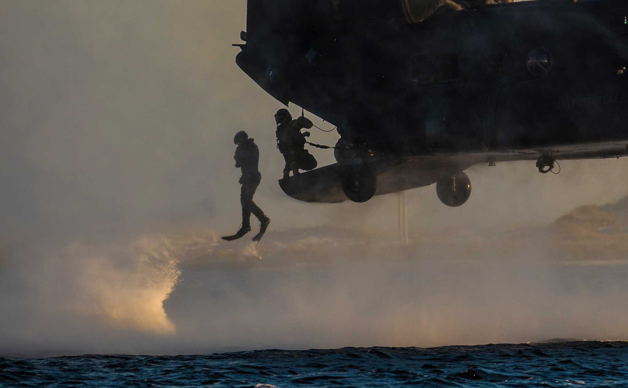 Marine Raiders with the Marine Corp Special Operations Command perform helocast training with the 160th Special Operations Aviation Regiment out of Fort Campbell, Kentucky, at Hurlburt Field, Fla., Oct. 29, 2015. The Raiders spent a week at Hurlburt Field to perform specialized training. (U.S. Air Force photo by Senior Airman Christopher Callaway) 