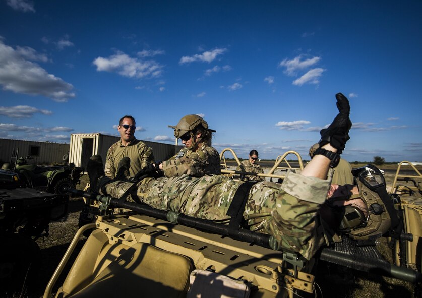 U.S. Air Force Special Operations Surgical Teams practiced integration operations with a special operations partner force during a Special Tactics exercise, Hurlburt Field, Fla., Oct. 16, 2015. SOST members are military medical professionals selected to provide battlefield trauma and other surgical support in a special operations mission set. SOST members often forward deploy to austere or hostile areas to perform life-saving trauma surgery for special operators with little to no facility support. (U.S. Air Force photo by Senior Airman Christopher Callaway)
