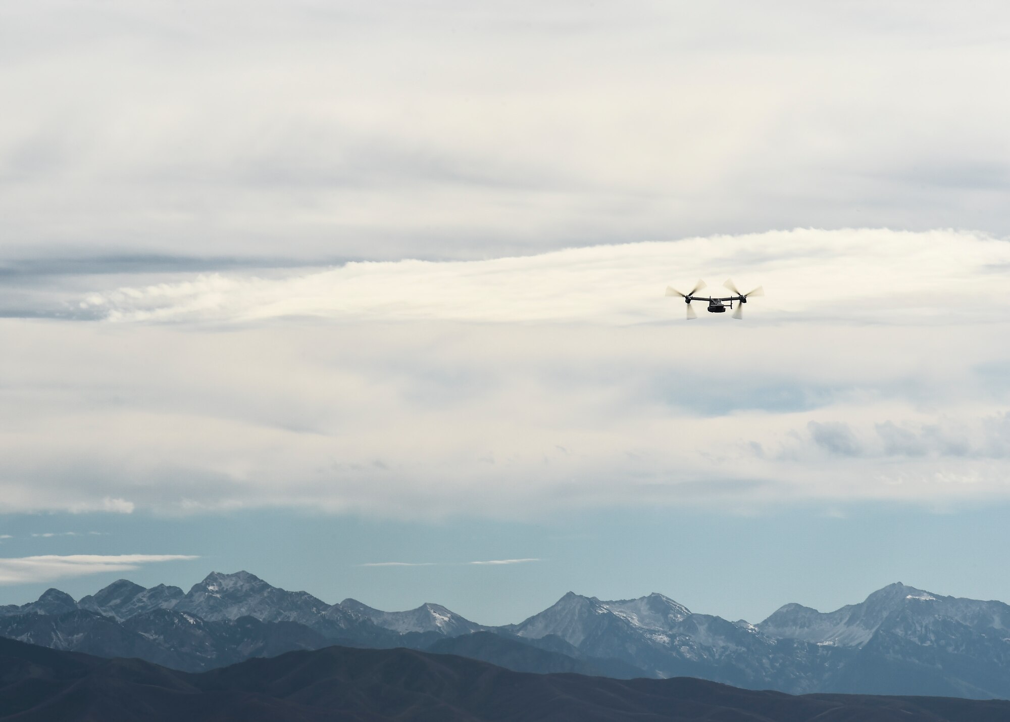 A CV-22B Osprey departs for an orientation flight at Hill Air Force Base, Utah, Nov. 2, 2015. The exercise allowed Airmen to perform their duties in a simulated expeditionary environment outside of their home stations. (U.S. Air Force by Airman Kai White)